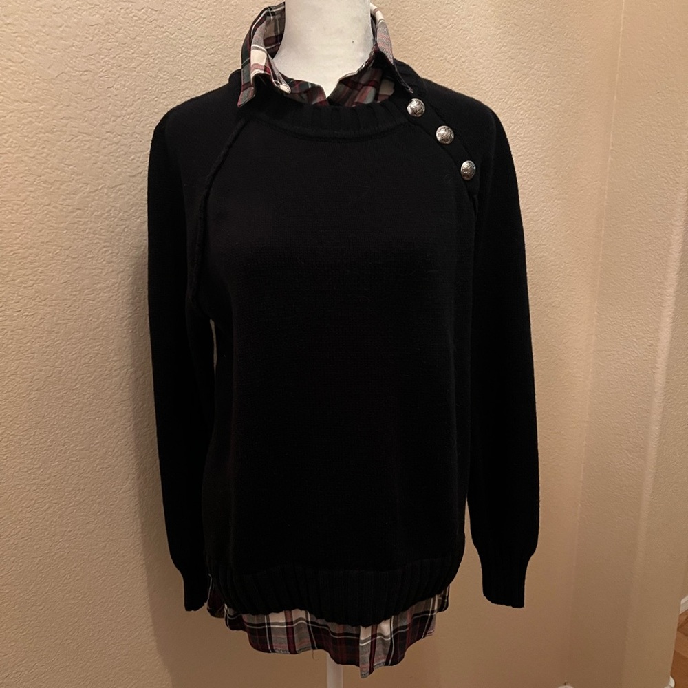 Lauren Ralph Lauren sweater faux shirt combo, black, medium, button details